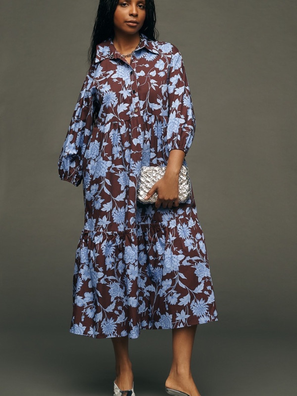 Anthropologie Brown Midi Shirt Dress with Light Blue Floral - Picture 1 of 3